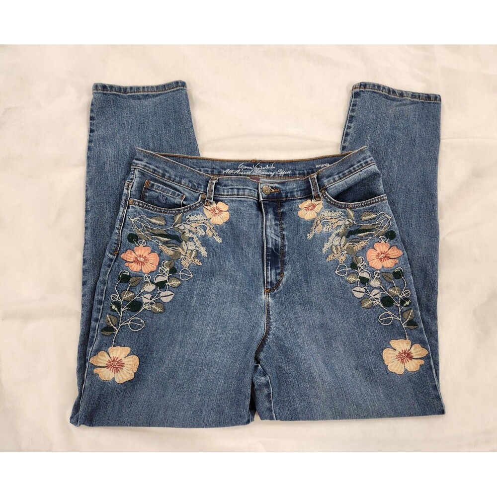 Gloria Vanderbilt Amanda Embroidered Floral Jeans Women’s 16 Blue Slim Straight - Picture 2 of 11